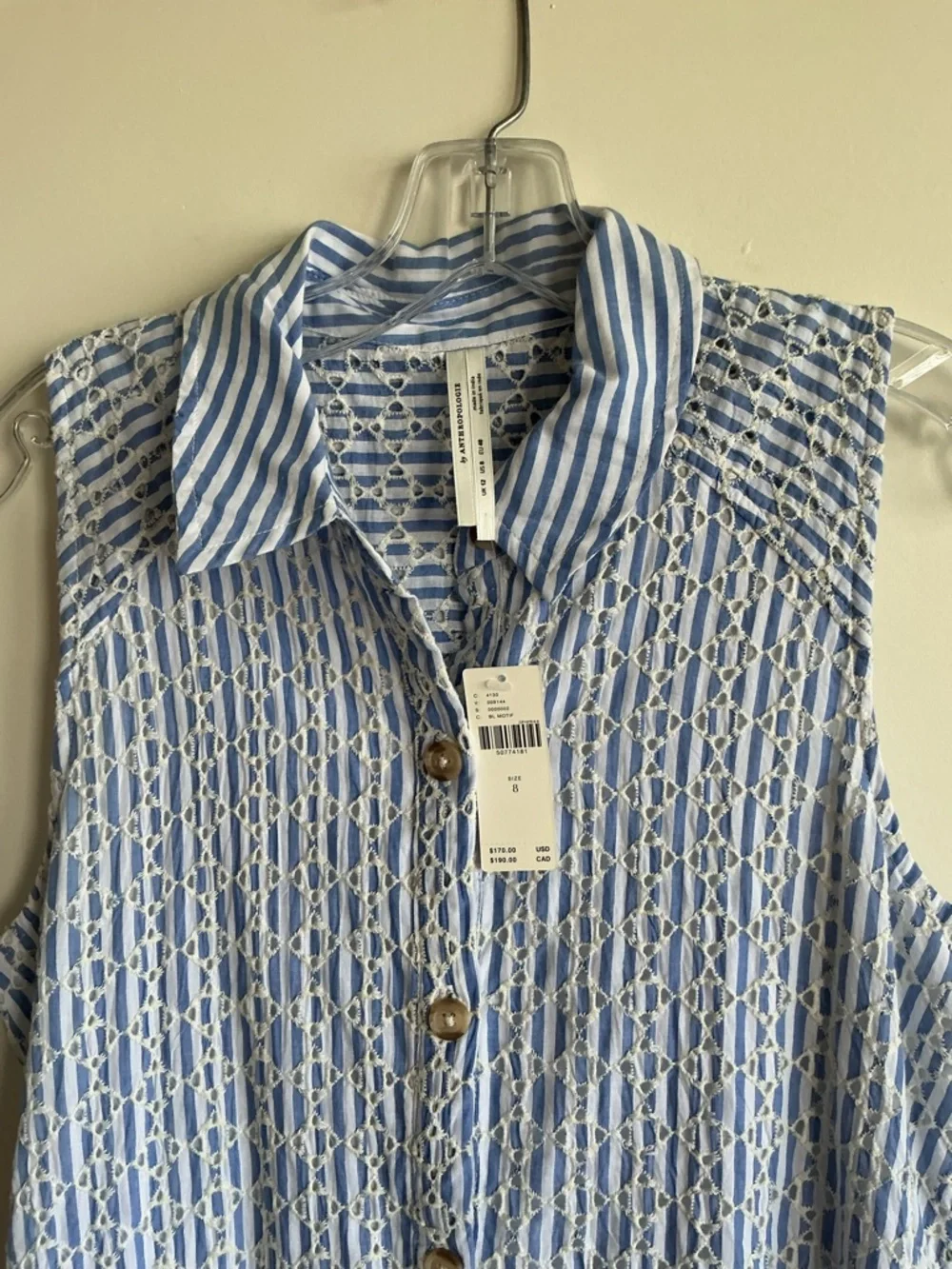 NWT Anthropologie Blue White Striped Eyelet Midi Shirt Dress 8 Coastal Pockets - Picture 4 of 9